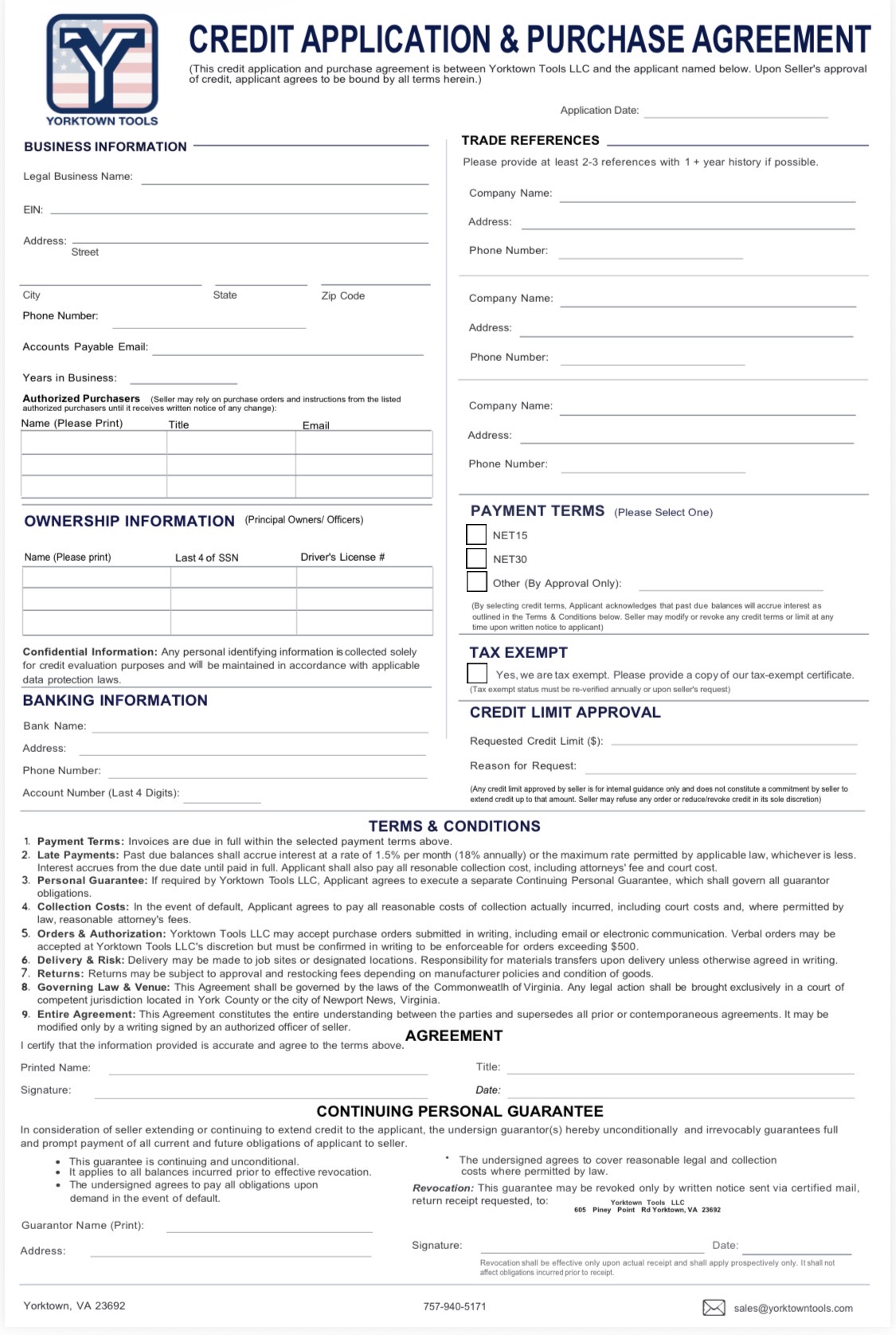 Yorktown Tools Credit Application